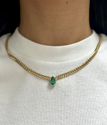 Green Sapphire Pear Cut Cuban Chain Necklace