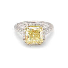 Load image into Gallery viewer, GIA Fancy Yellow 3.88ct Radiant Diamond in Halo Setting